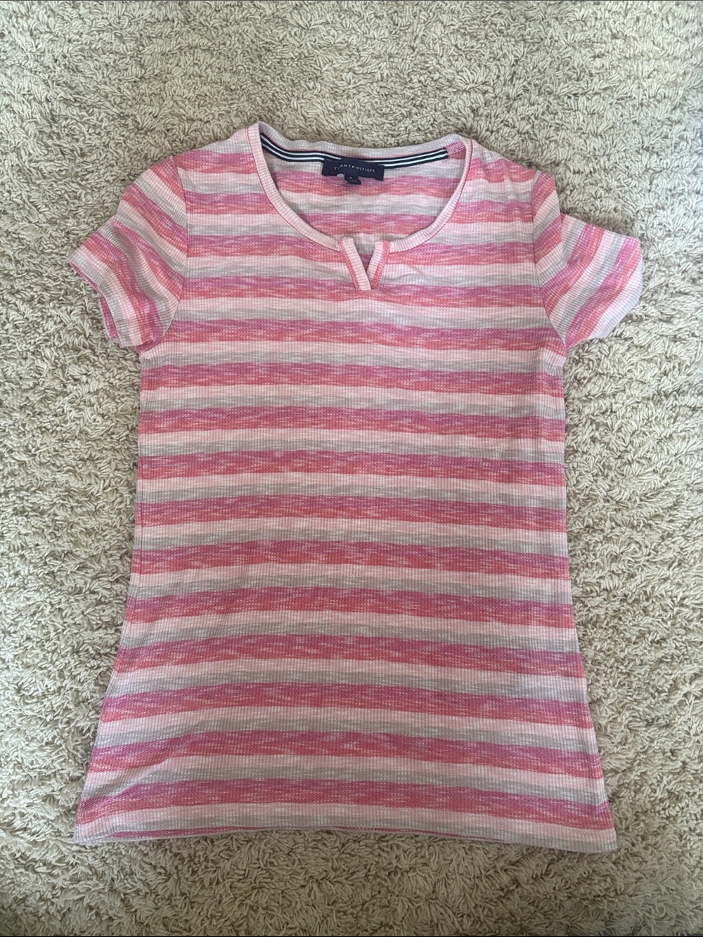 Tommy Hilfiger Pink and White Striped Short-Sleeve Tee